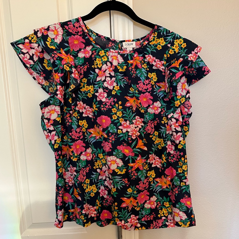 J. Crew bright, floral pattern short sleeve blouse in medium.